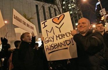 Rally outside Mormon church, NYC